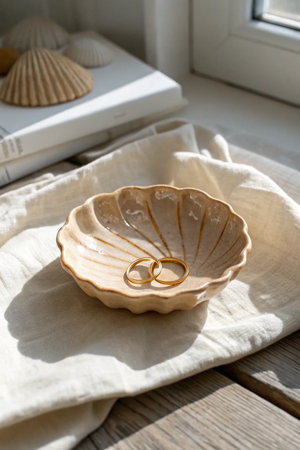Seashell trinket dish in sandy beige glaze, perfect for rings and a calm coastal vibe.