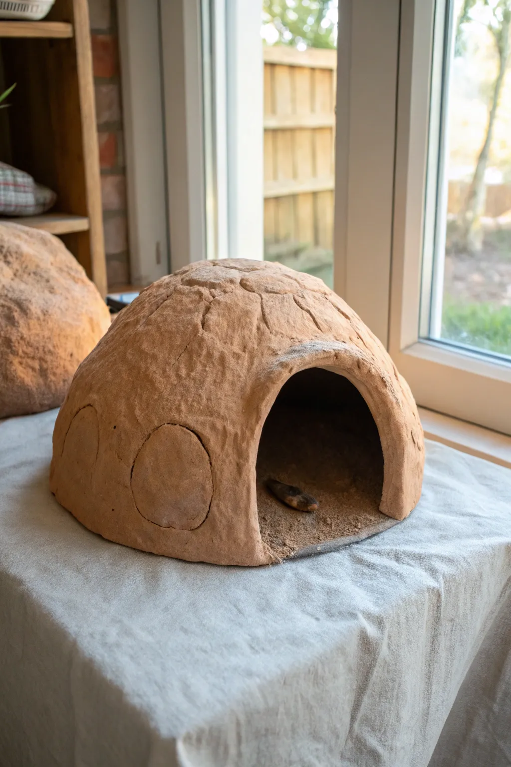 Minimalist excavator clay cave hide with a dark entrance, perfect cozy burrow for bearded dragons.