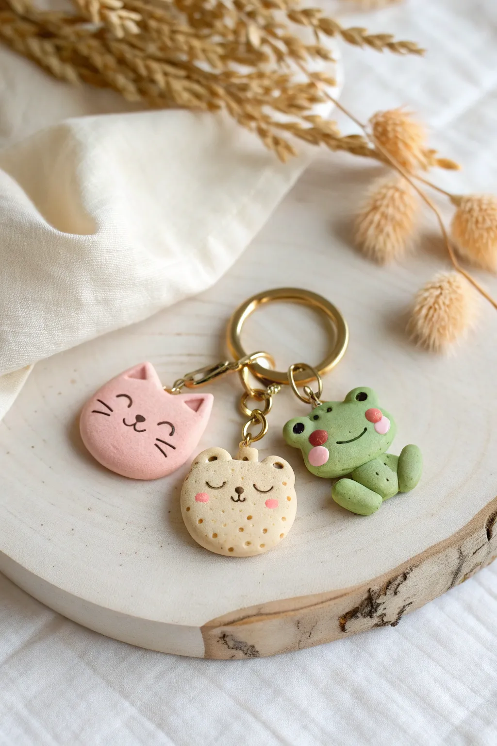 Tiny clay animal charms for a keychain: minimalist, pastel, and perfectly giftable.