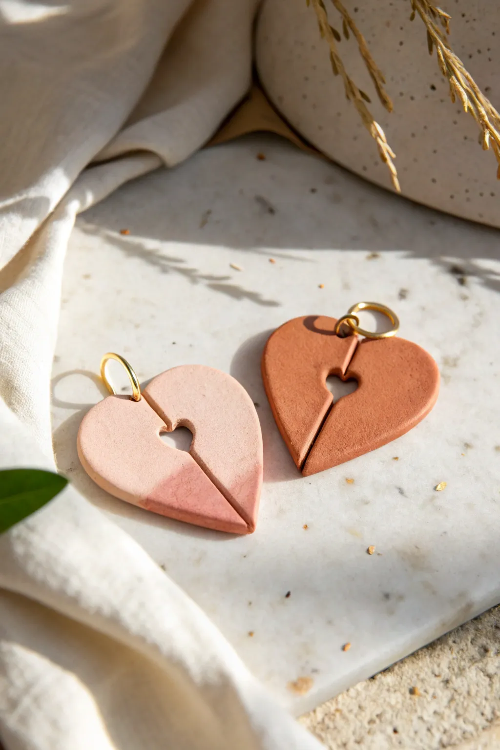 Sweet split-heart clay pendant set in matching blush tones, a simple best friend keepsake.