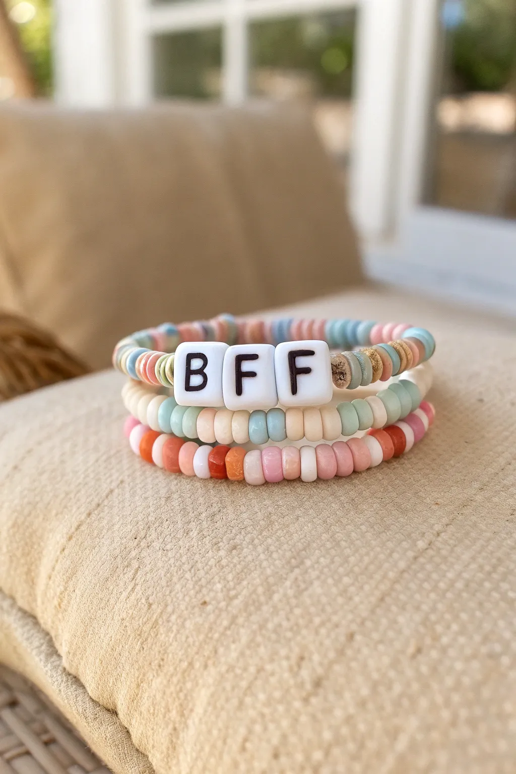Classic BFF clay bead bracelets with letter bead center and colorful heishi accents