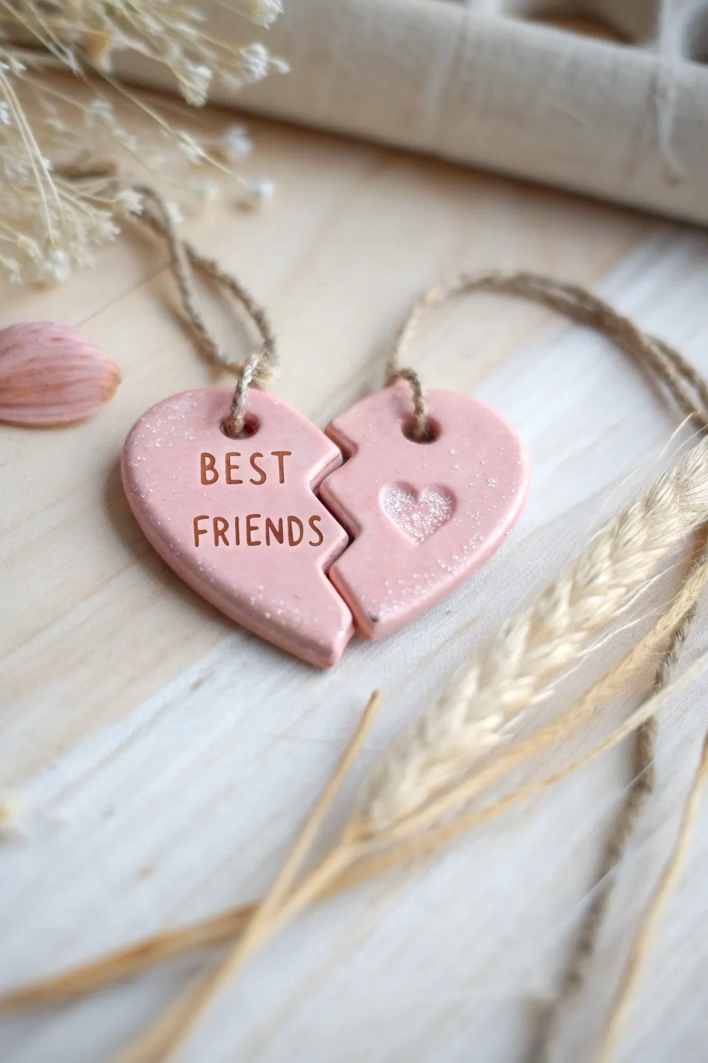 Classic split heart clay charms for BFFs, glossy blush glaze, minimal boho necklace-ready
