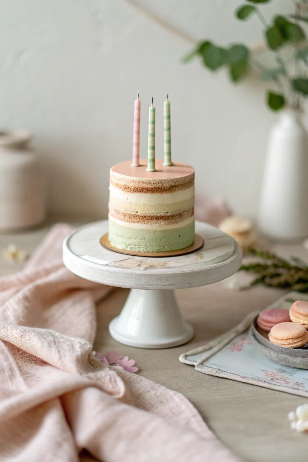Mini clay birthday cake topper with two candles in soft pastels, simple, sweet, handmade.