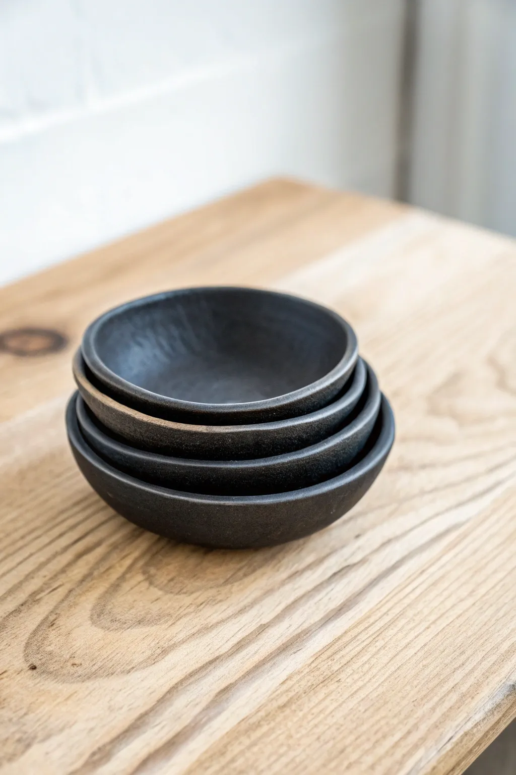 Matte black air dry clay trinket dishes stacked simply for a sleek, handcrafted look