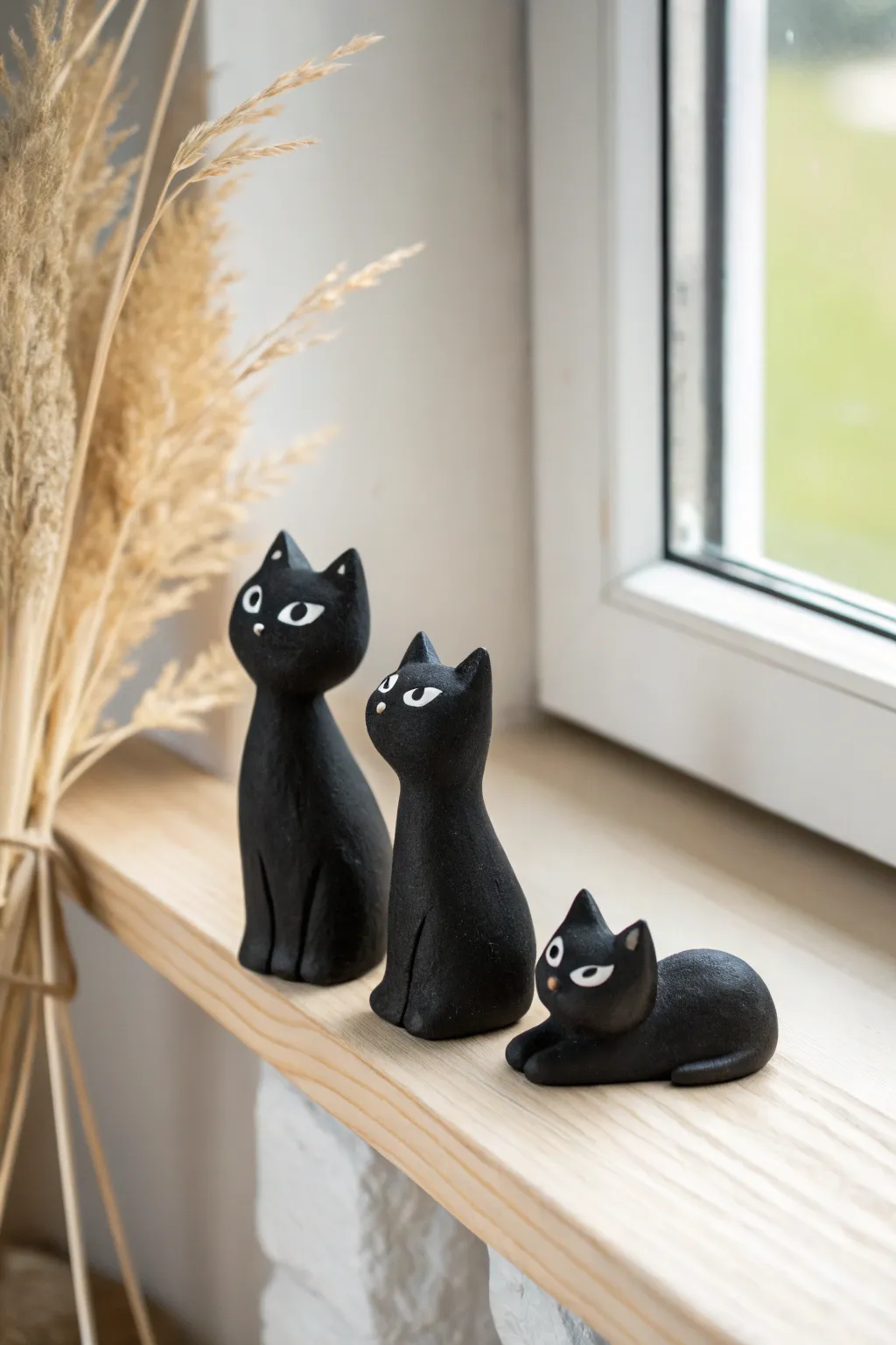 Minimal black clay cat trio on pale wood shelf, tiny bright eyes, Scandinavian boho calm.