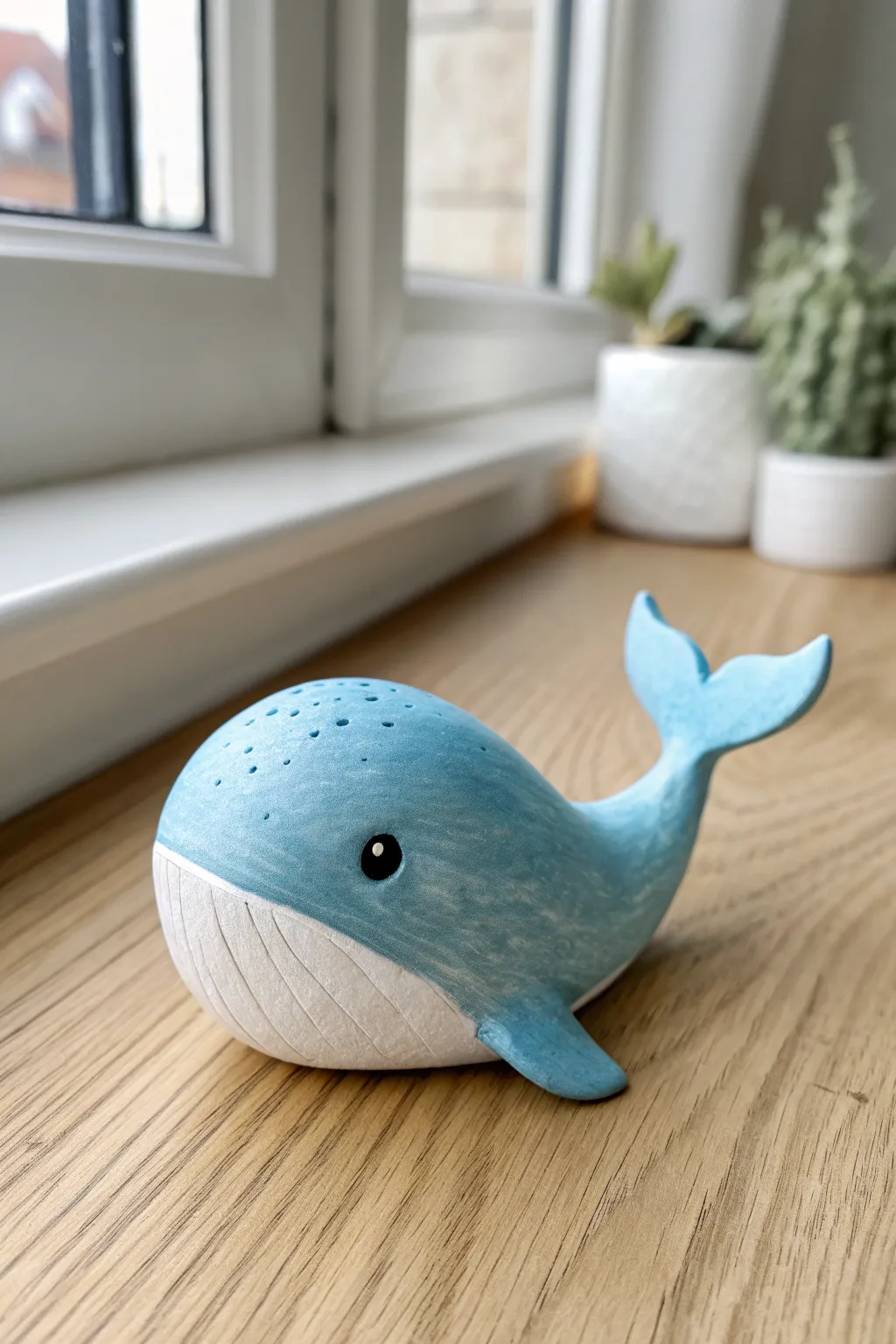 Chunky mini blue whale air dry clay figurine in soft blues, minimalist and sweet on a light table