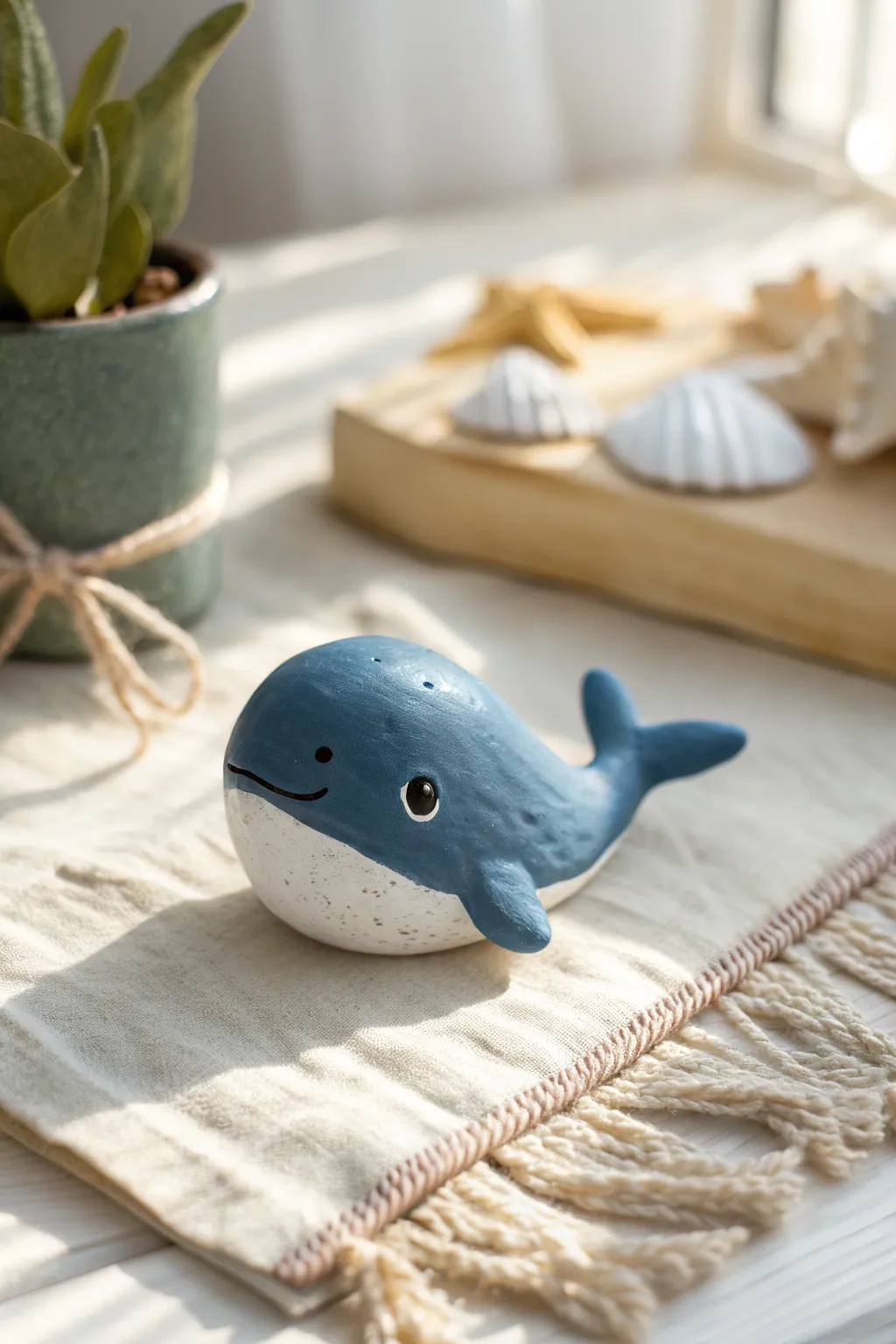 Chubby blue clay whale mini figurine with a tiny white belly, sweet minimalist desk buddy.