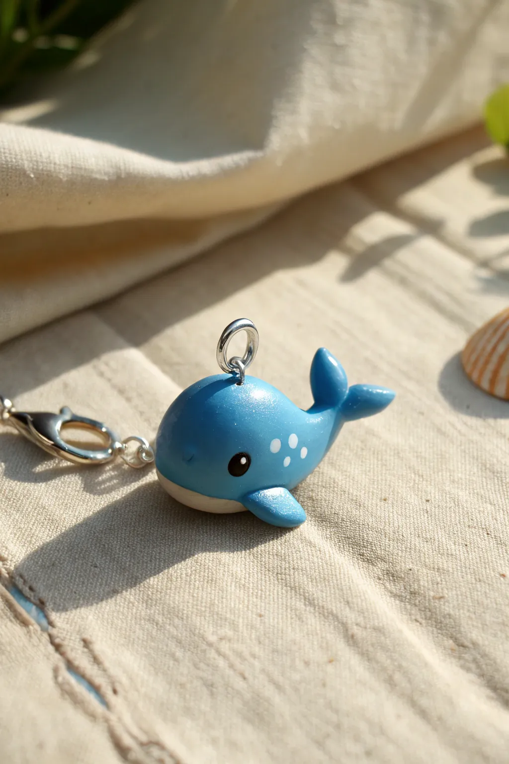 Chubby blue whale polymer clay charm with a soft gloss, minimal details, and cozy neutral styling