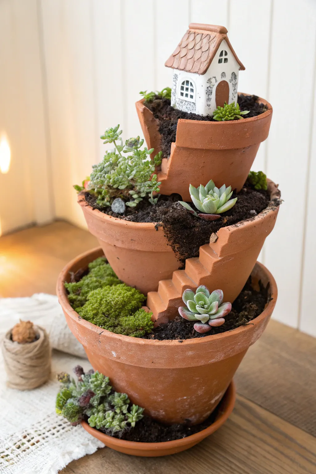 Broken terracotta pot turned into a tidy tiered fairy garden planter with succulents and moss