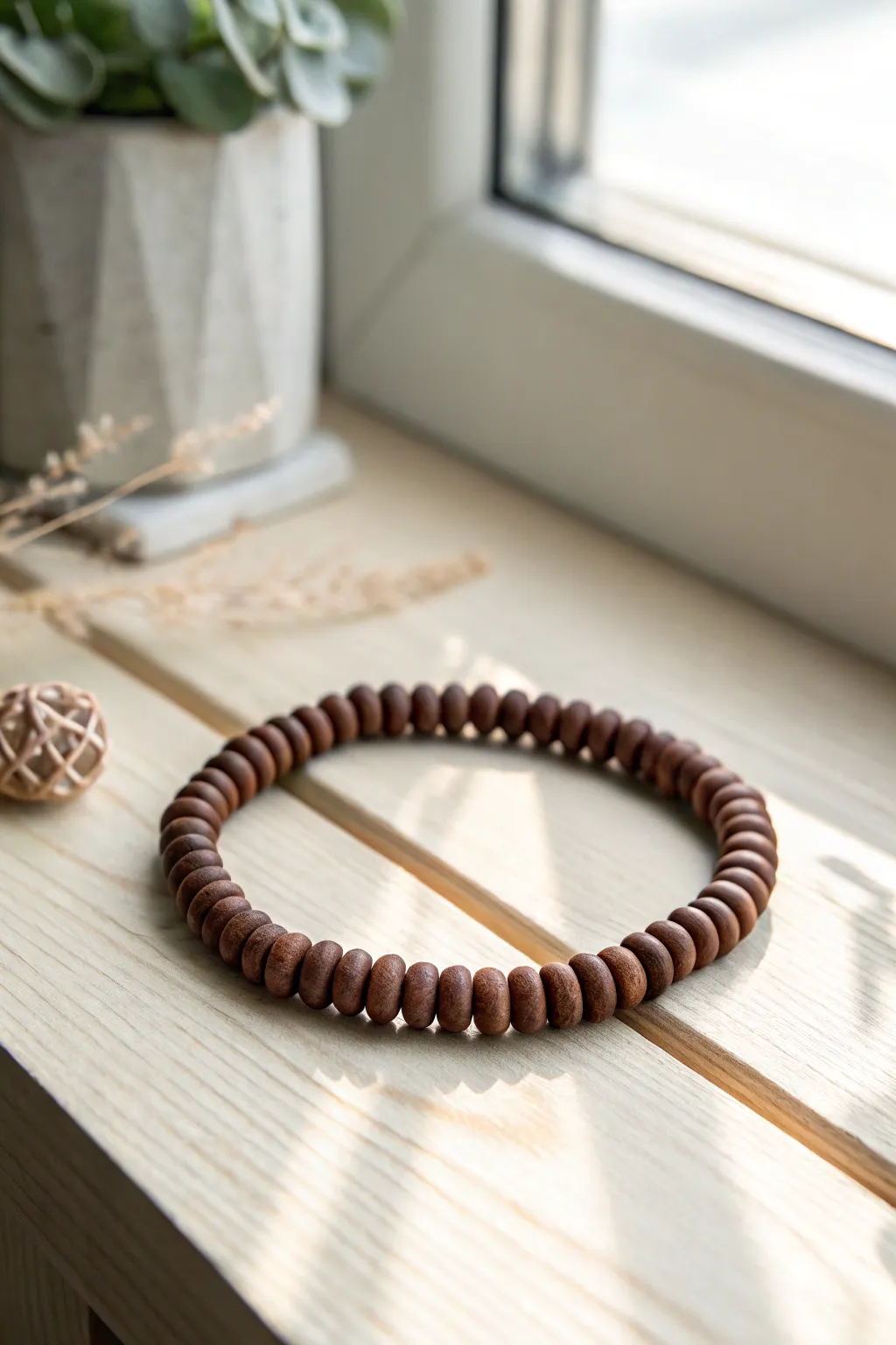 Classic matte brown heishi bracelet in soft window light, minimal styling and rich contrast