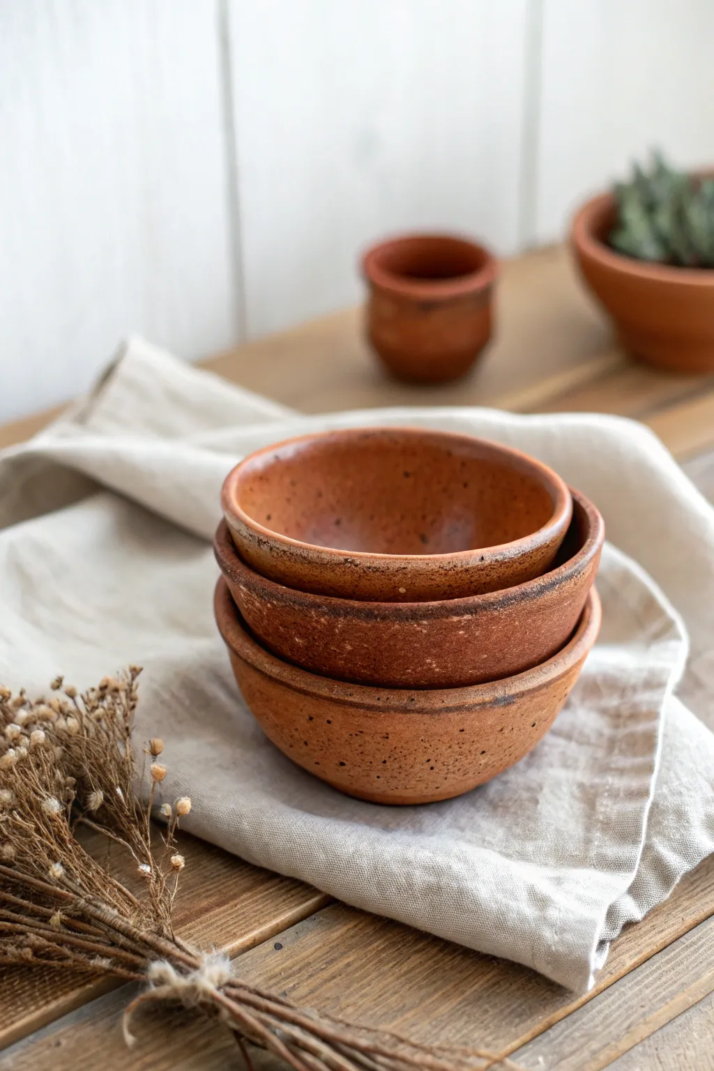Rustic brown clay pinch bowls with speckled texture, styled simply with dried botanicals.
