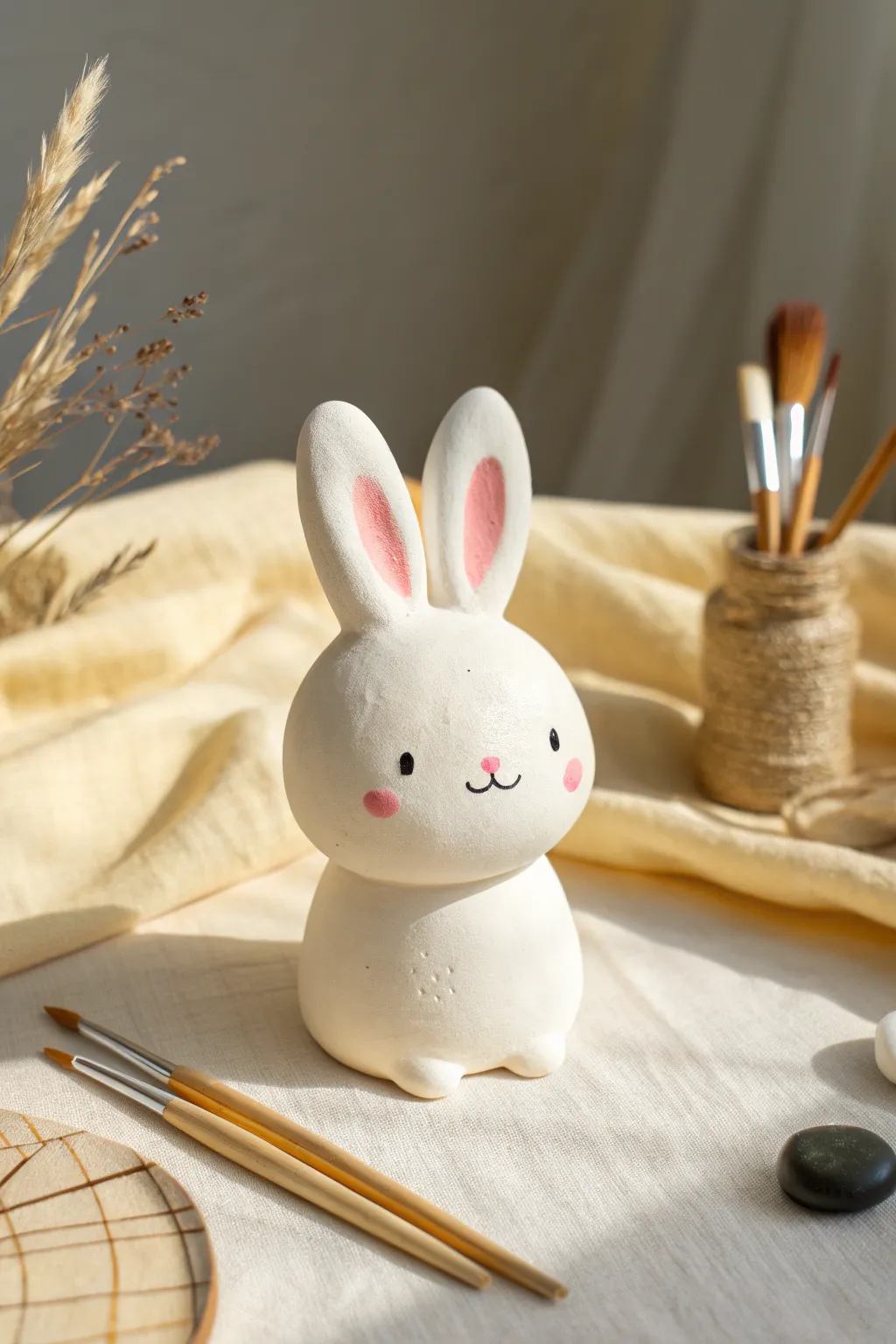 Kawaii chubby bunny figurine with blush cheeks, minimalist clay charm for easy DIY inspiration.