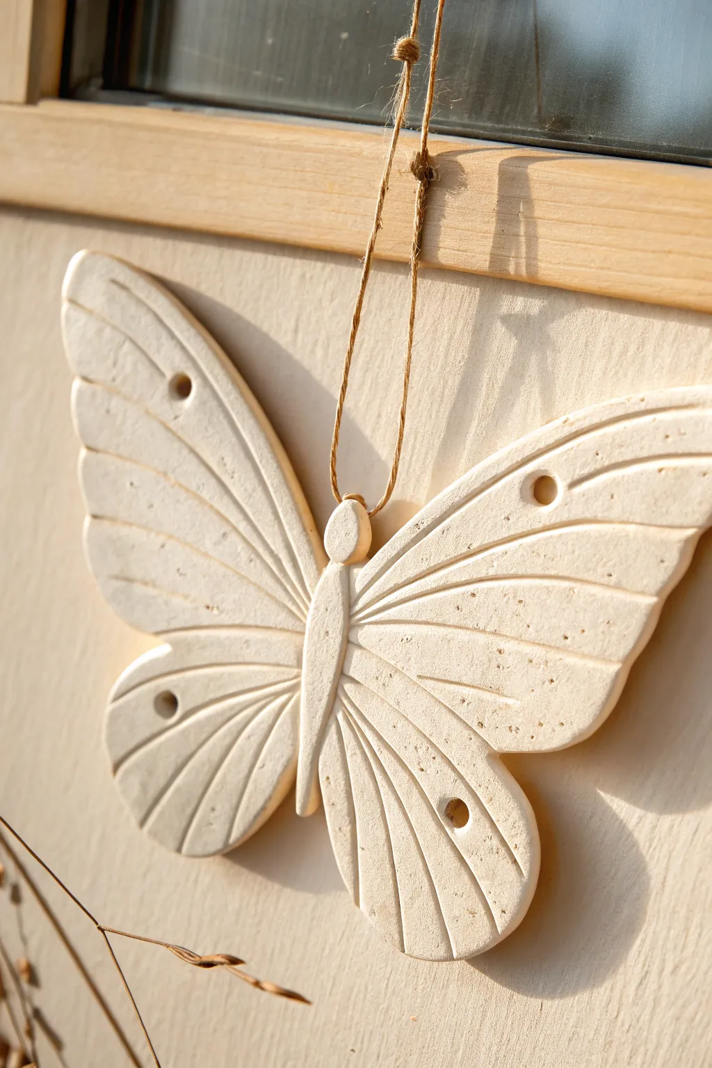Minimalist clay butterfly wall hanging with simple details and a soft handmade finish