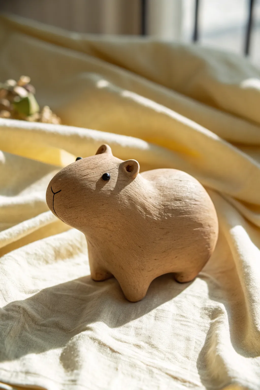 Classic loaf-shaped capybara figurine in smooth clay, minimal details, soft light and calm contrast