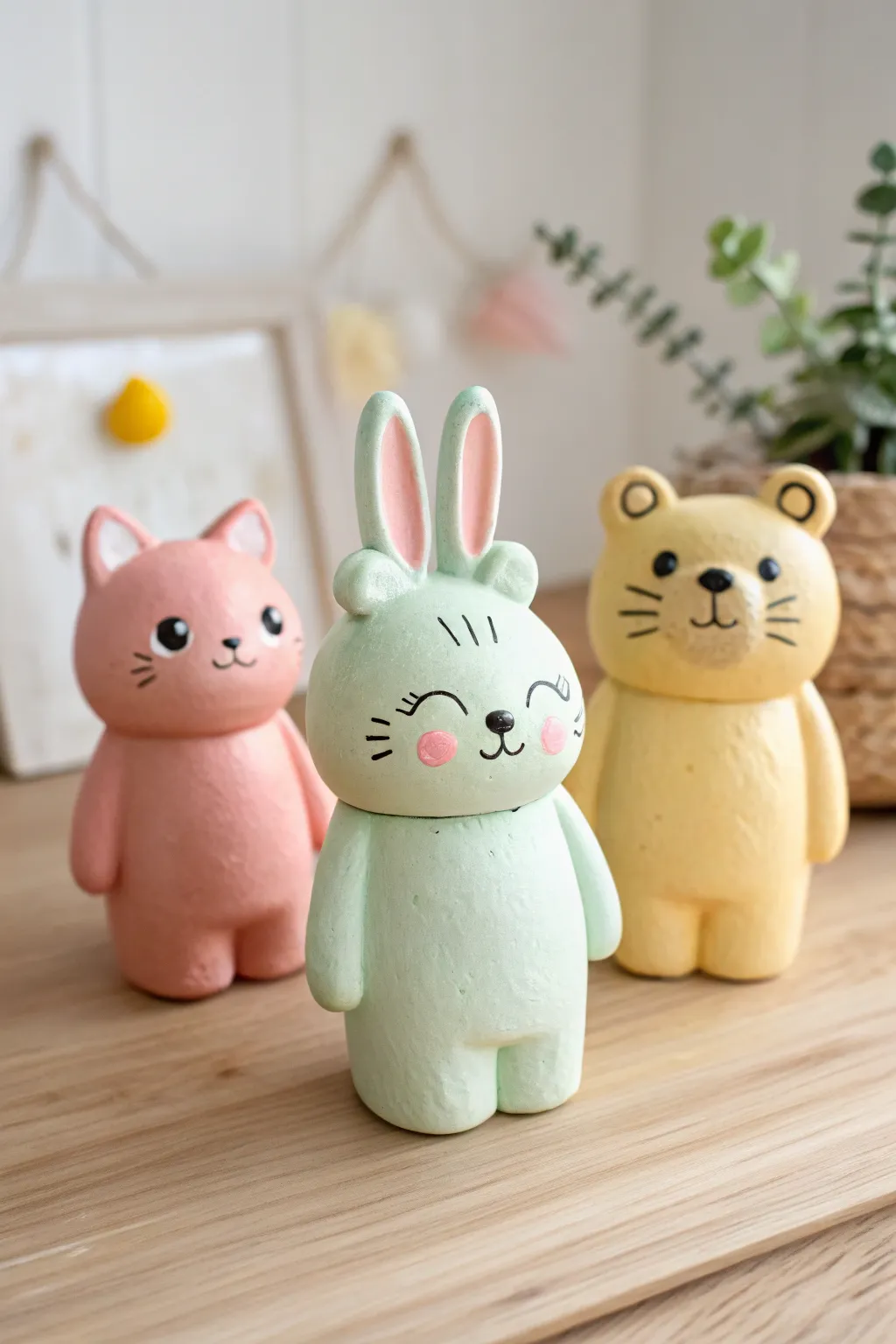 Chibi animal buddy trio in bright pastels, a cute cartoon clay idea with minimalist charm.