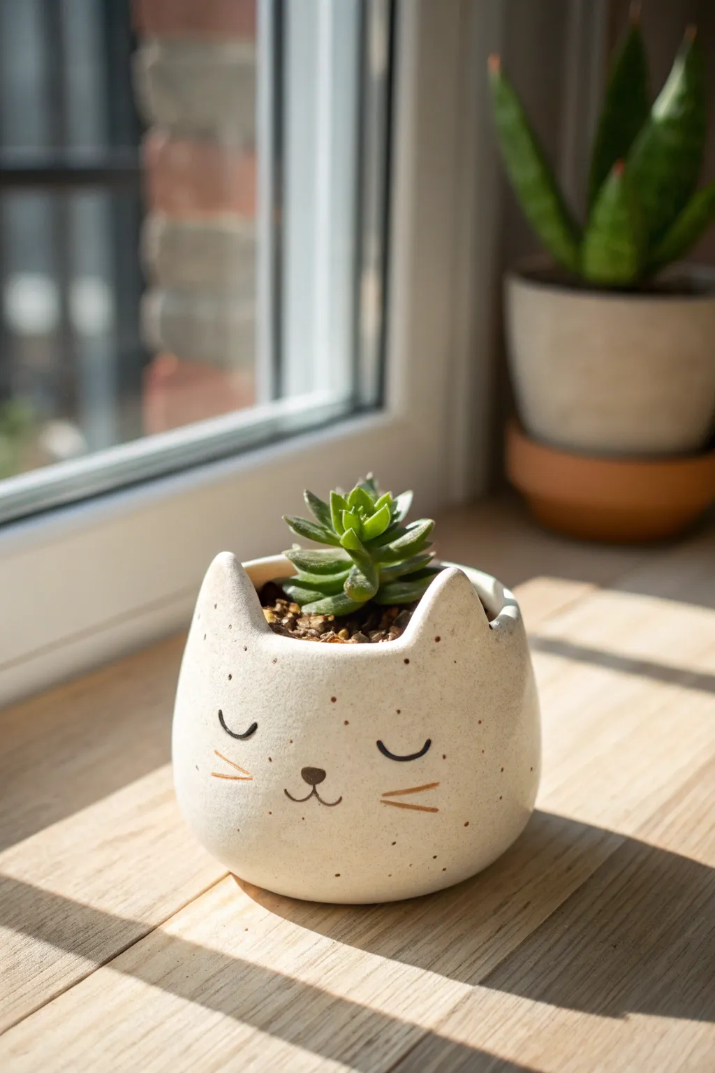 Classic sitting cat pinch pot planter with a tiny succulent, minimal and softly matte.