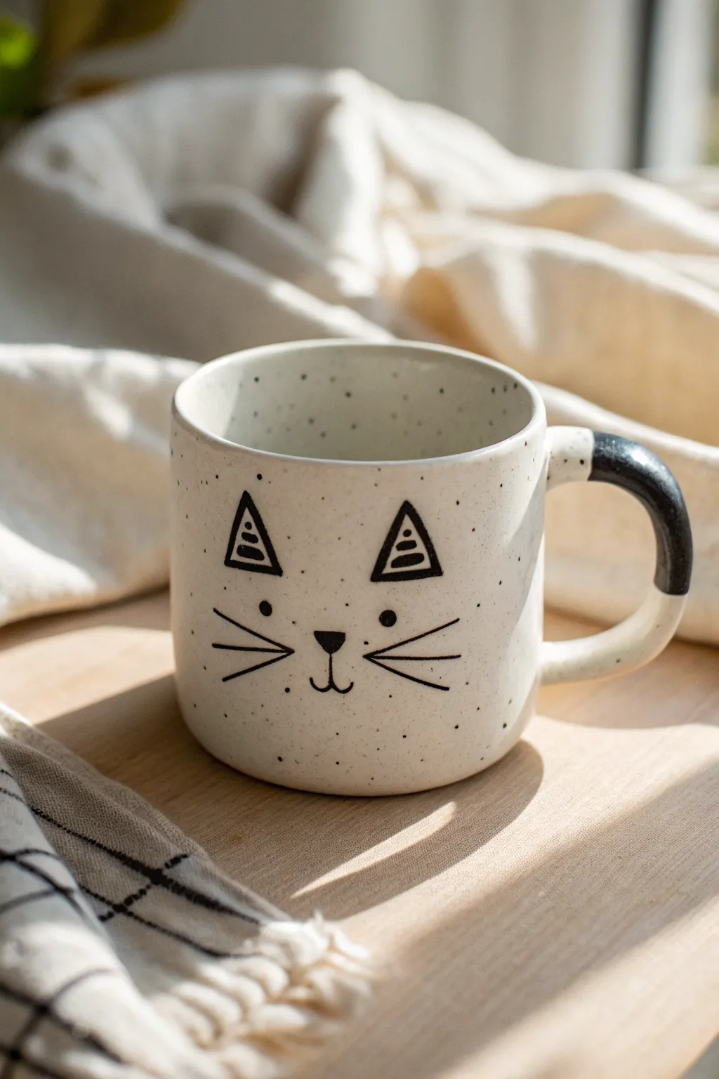 Classic cat face mug in minimalist black and white, a cute pottery painting idea anyone can make