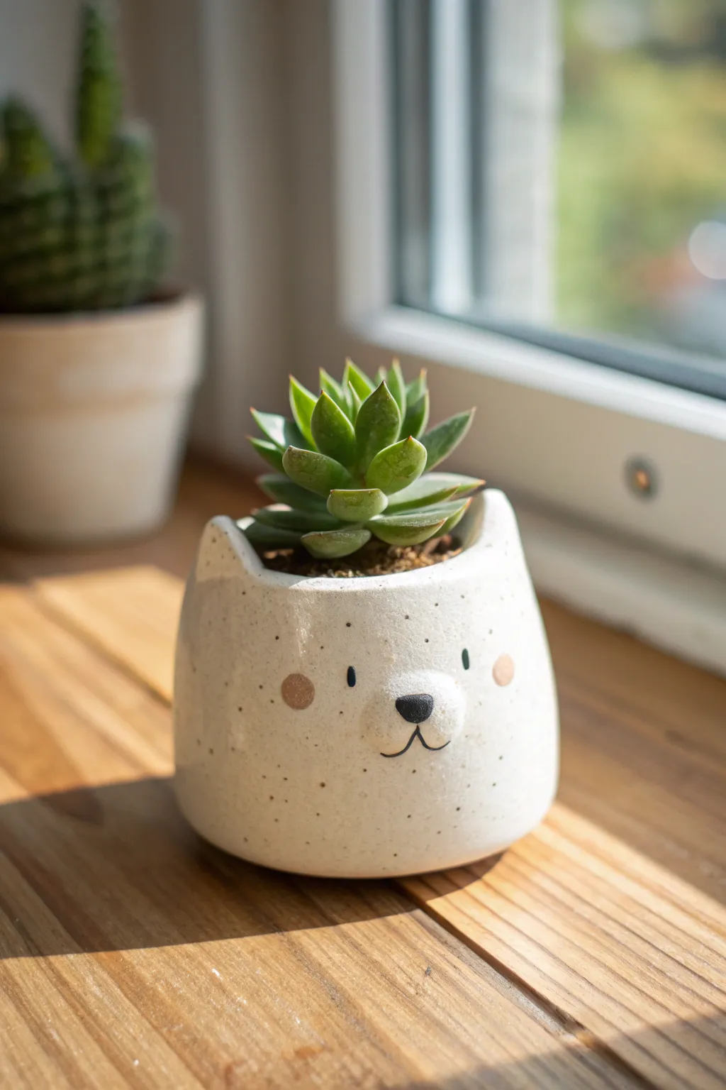 Tiny-faced animal planter with a fresh succulent, minimalist Scandinavian style and handmade warmth.