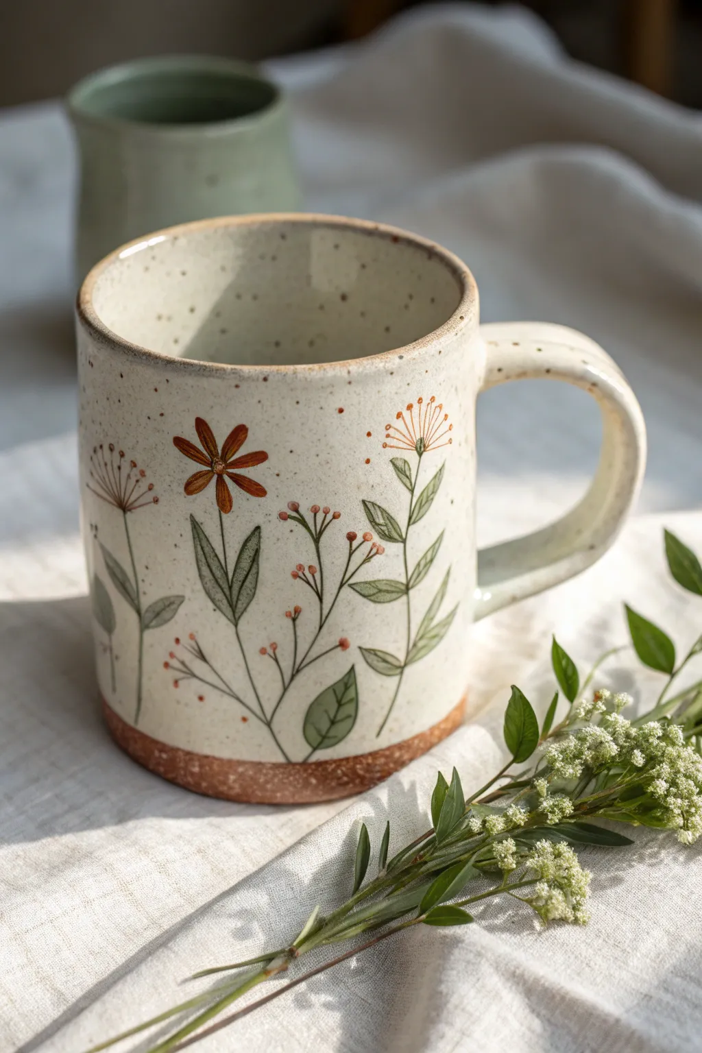 Botanical painted mug in soft light, minimalist and cozy for simple ceramic art inspiration