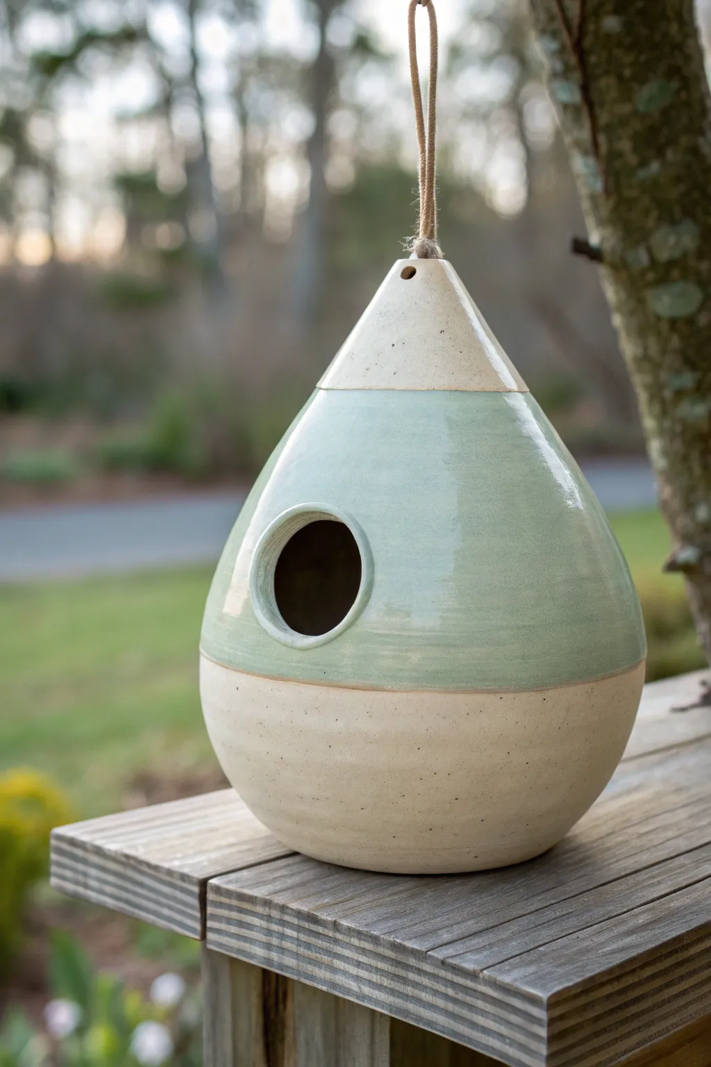 Minimal teardrop ceramic birdhouse with two-tone glaze and a sturdy hanging loop