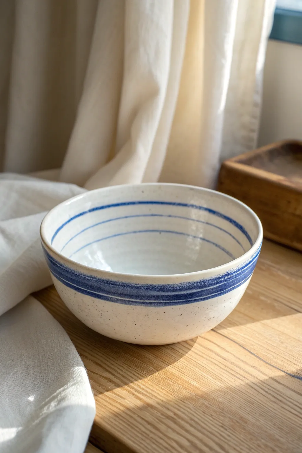 Minimal white bowl with cobalt rim stripes, an easy handmade touch for modern calm.