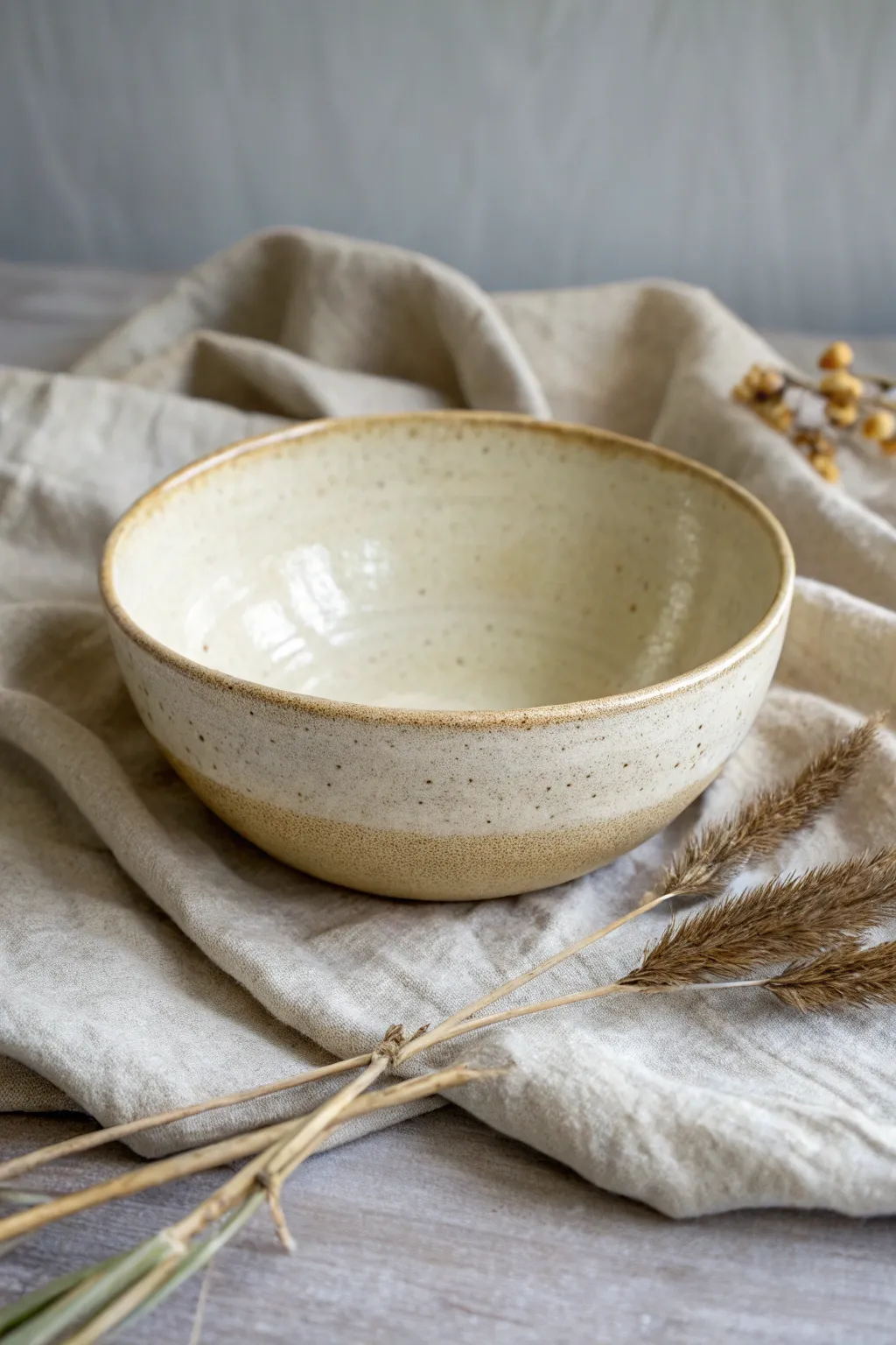 Timeless round ceramic bowl in a cozy satin glaze, styled with linen and dried stems.