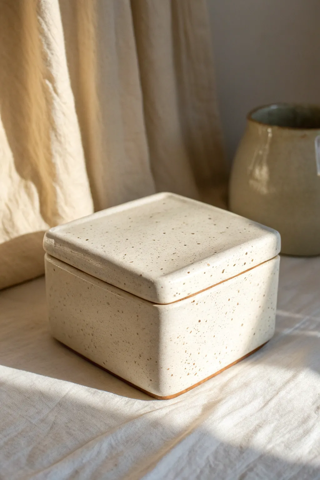 Timeless slab-built ceramic box with a snug gallery lid, clean lines, and soft natural texture