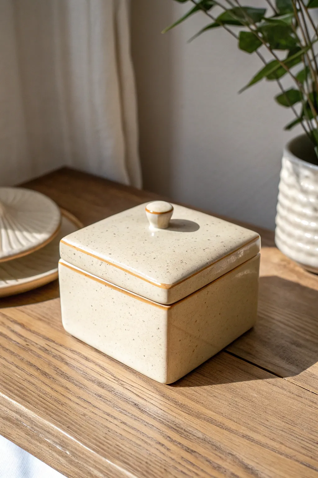 Classic square ceramic trinket box with a snug fitted lid, calm neutral glaze, clean edges.
