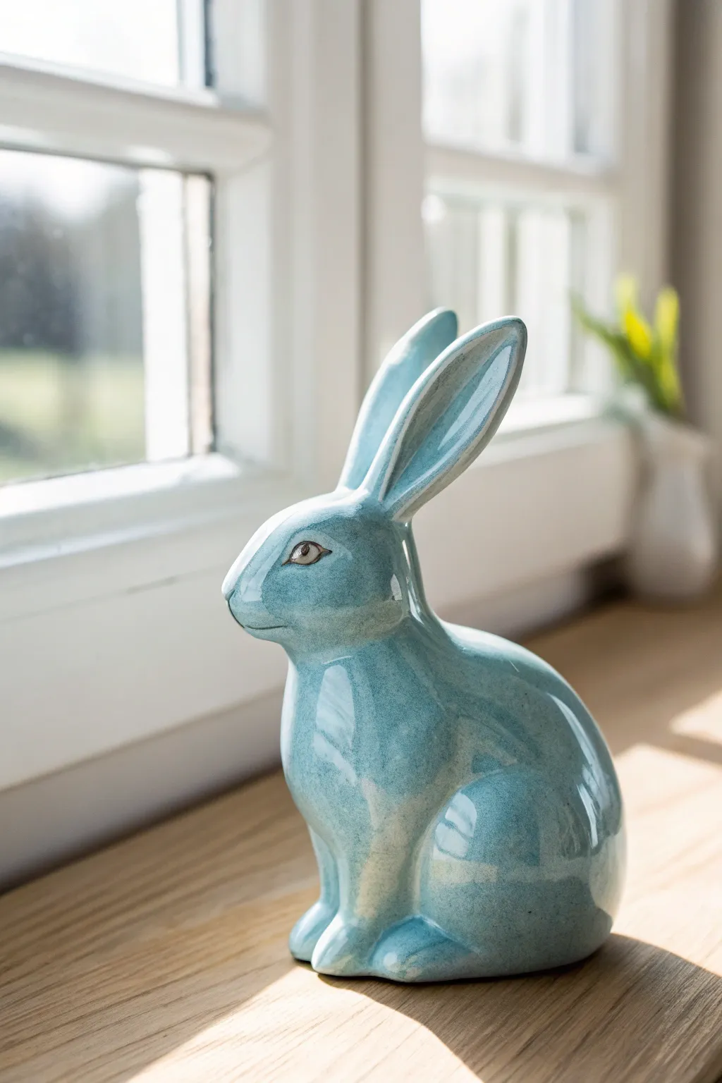 Glossy pastel bunny in solid color, clean Scandinavian styling and soft boho warmth for spring.