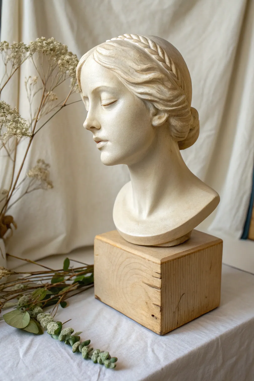 Classic satin-glazed ceramic portrait bust with calm features and soft minimalist contrast