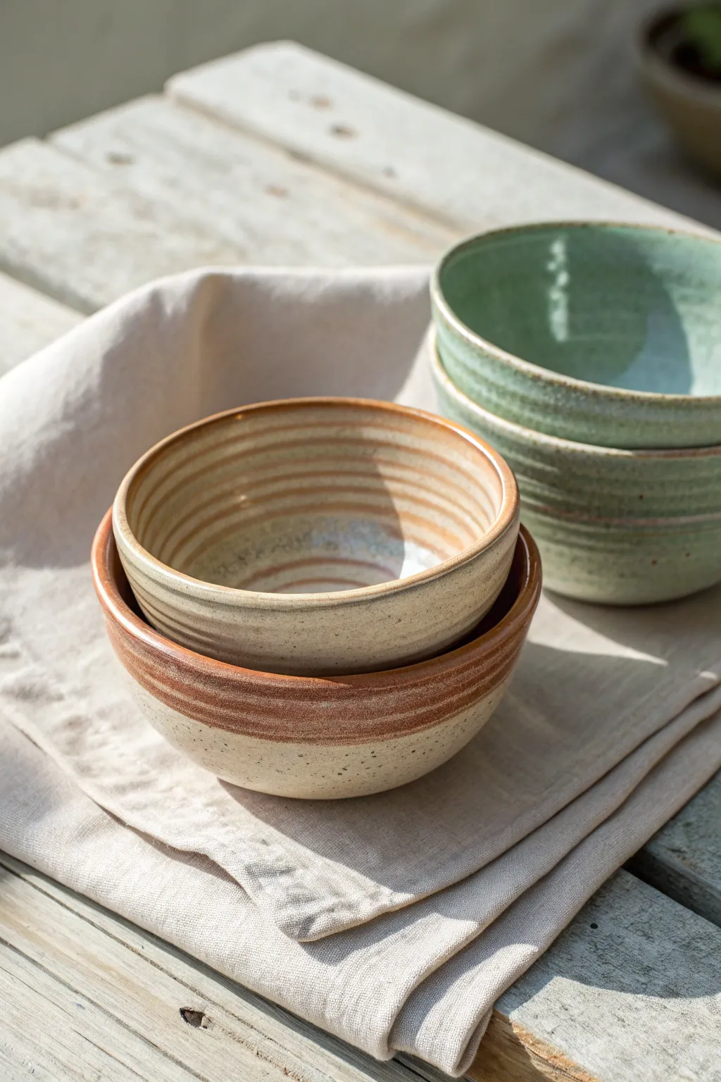 Three simple handbuilt bowls: pinch, coil, and slab, finished in soft earthy satin glazes