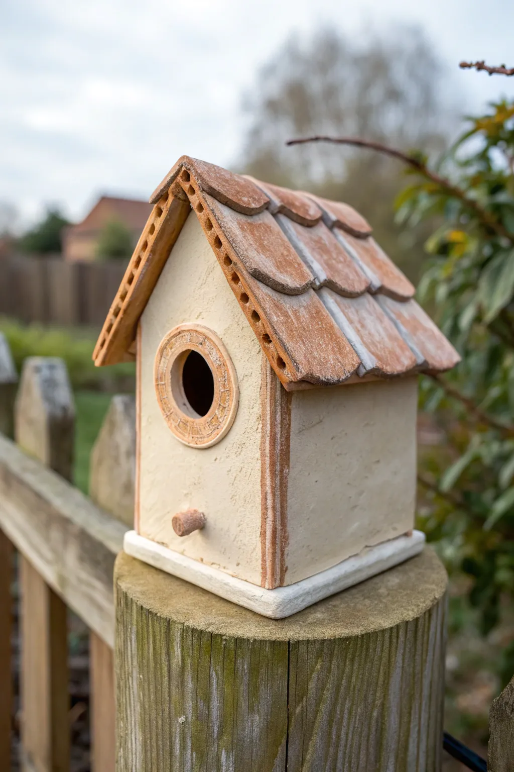 Classic slab-built cottage birdhouse in a soft earthy glaze, minimal and warmly handcrafted