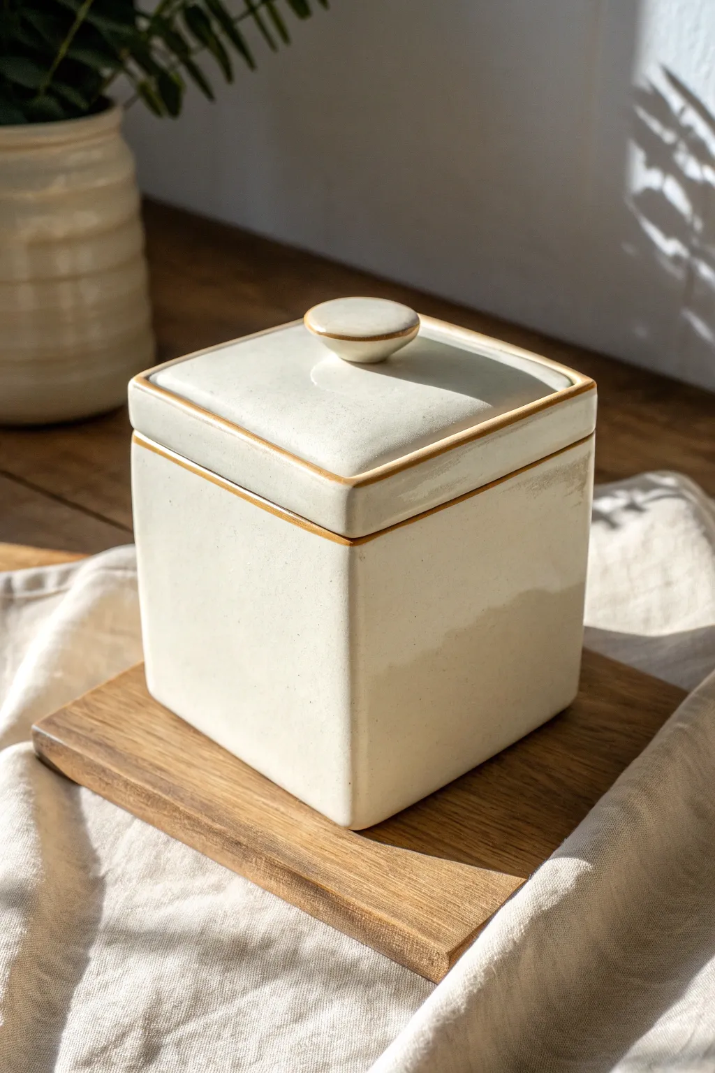 Minimal satin-glazed ceramic cube box with a snug lid, crisp edges, and soft natural contrast.