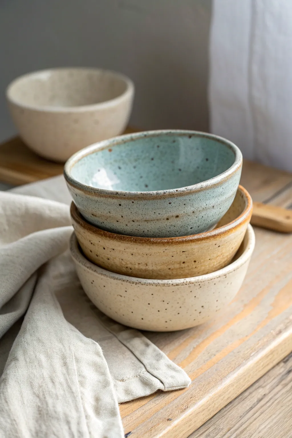Classic pinch pot snack bowls in soft neutral glazes, stacked to highlight handmade curves
