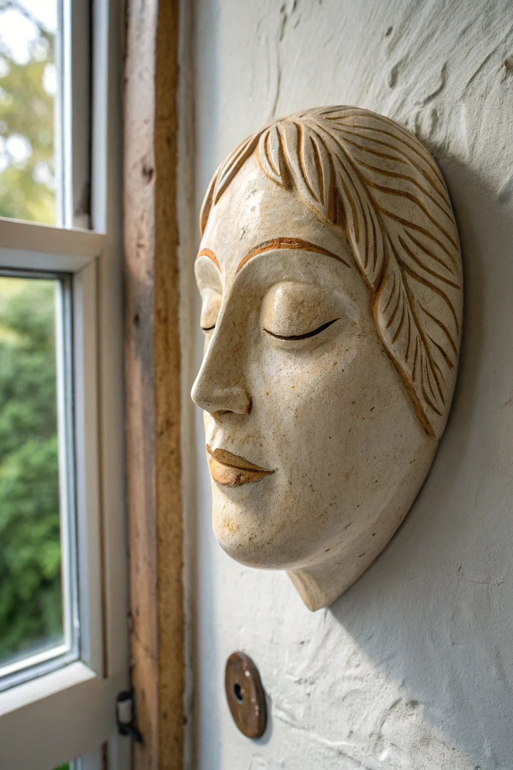 Classic ceramic face wall mask with calm features, satin glaze, minimalist boho charm.