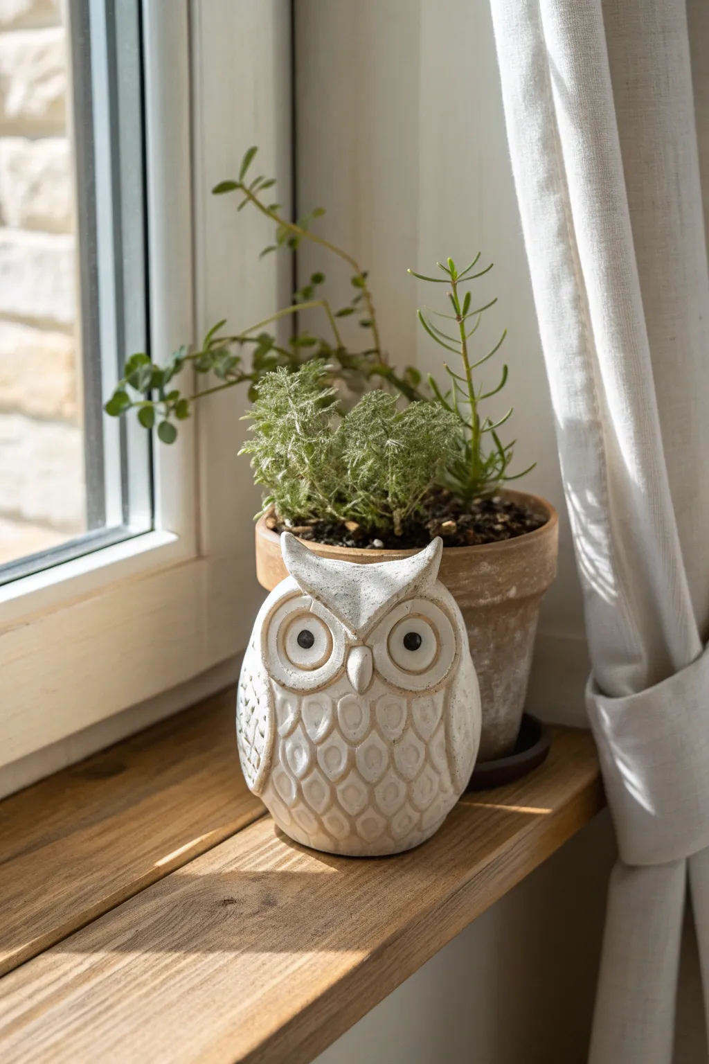 Minimal owl planter with carved feather texture and soft speckled glaze, styled with a tiny plant