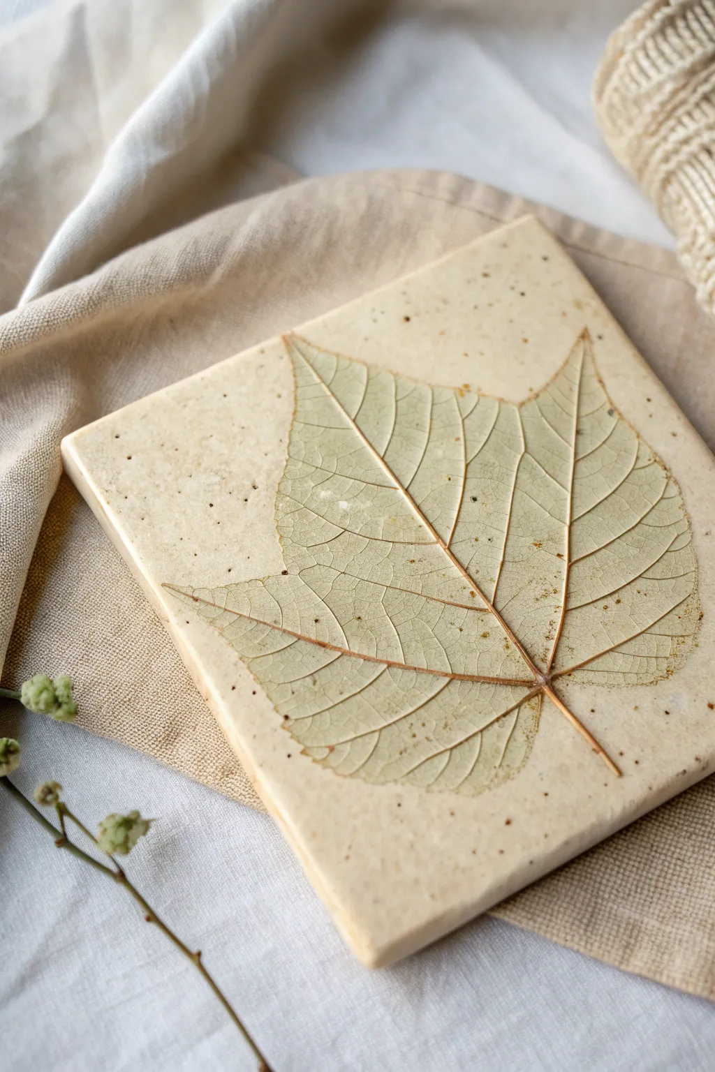 Classic leaf imprint ceramic tile with soft earthy glaze, minimalist styling, and crisp veins.
