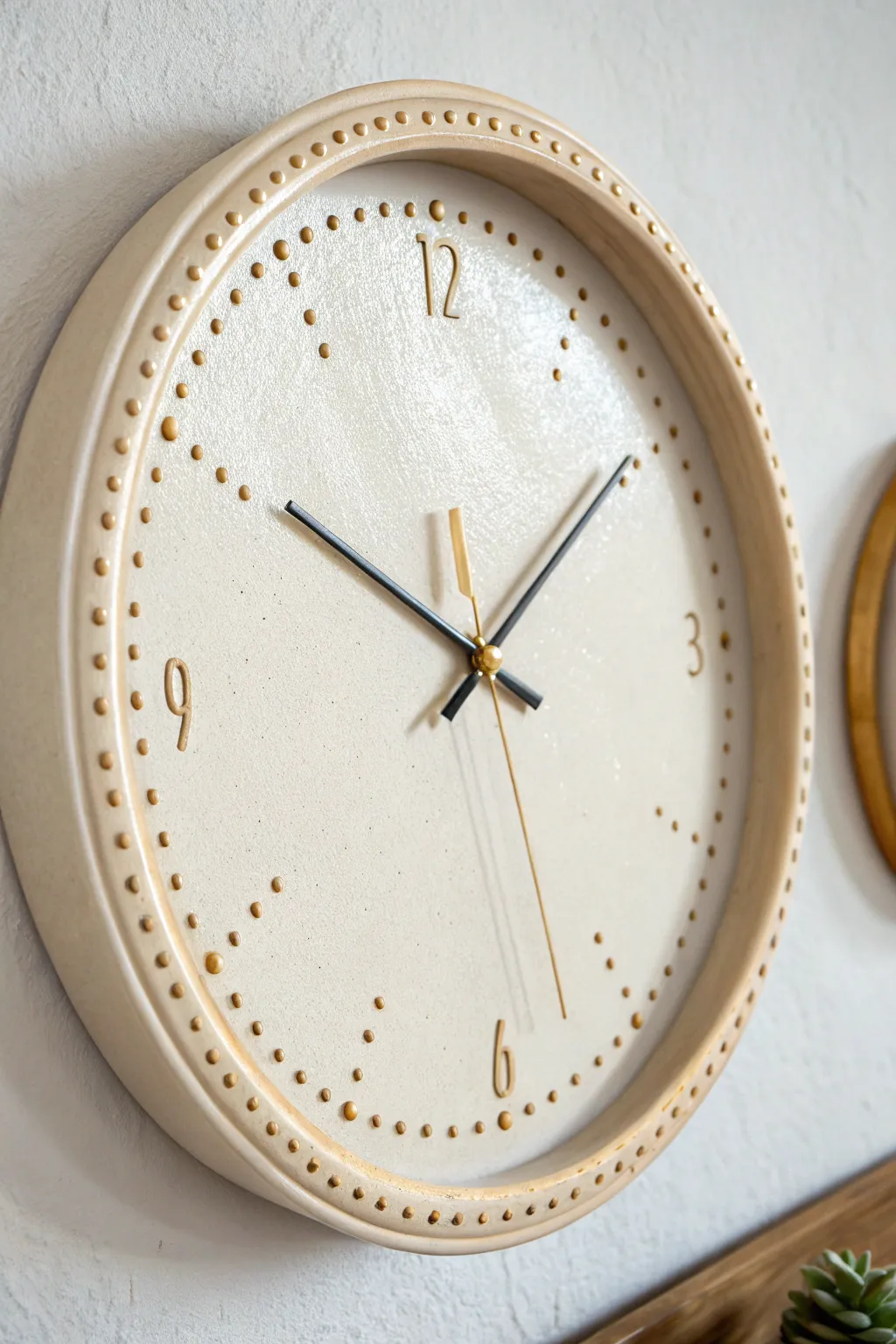 Satin-glazed round ceramic wall clock with minimal dot markers and elegant contrasting hands.