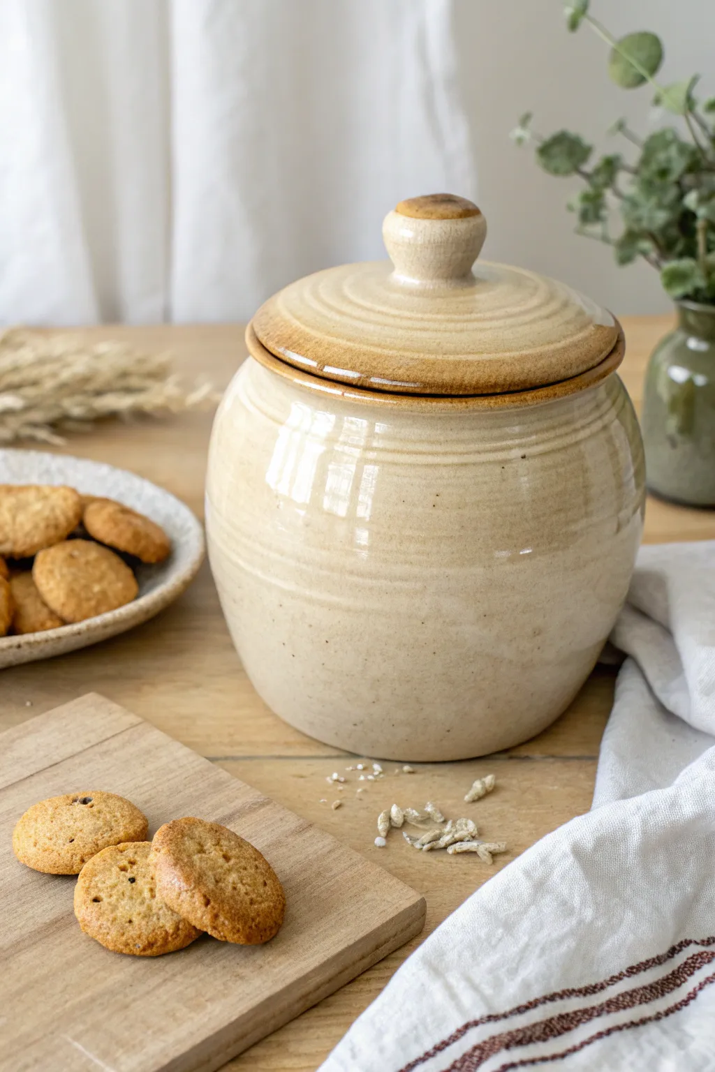 Classic wheel-thrown cookie jar in glossy neutral glaze, styled simply with fresh cookies.