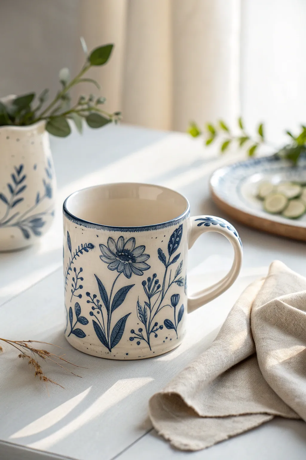 Classic blue-and-white brushwork makes this simple mug feel timeless and handmade.