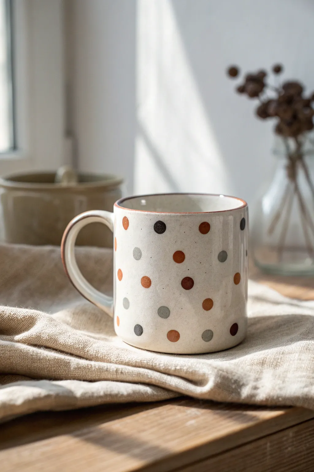 Classic two-tone polka dots on a white mug, cozy linen styling with clean Scandinavian calm