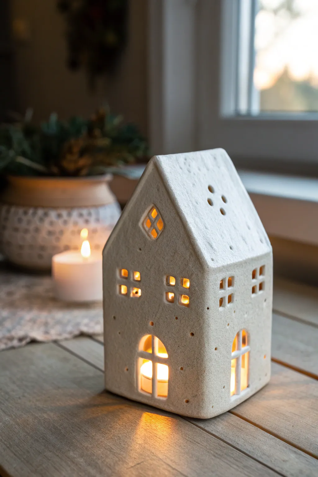 Classic ceramic tea light house with warm window glow, minimalist Nordic mood and cozy contrast