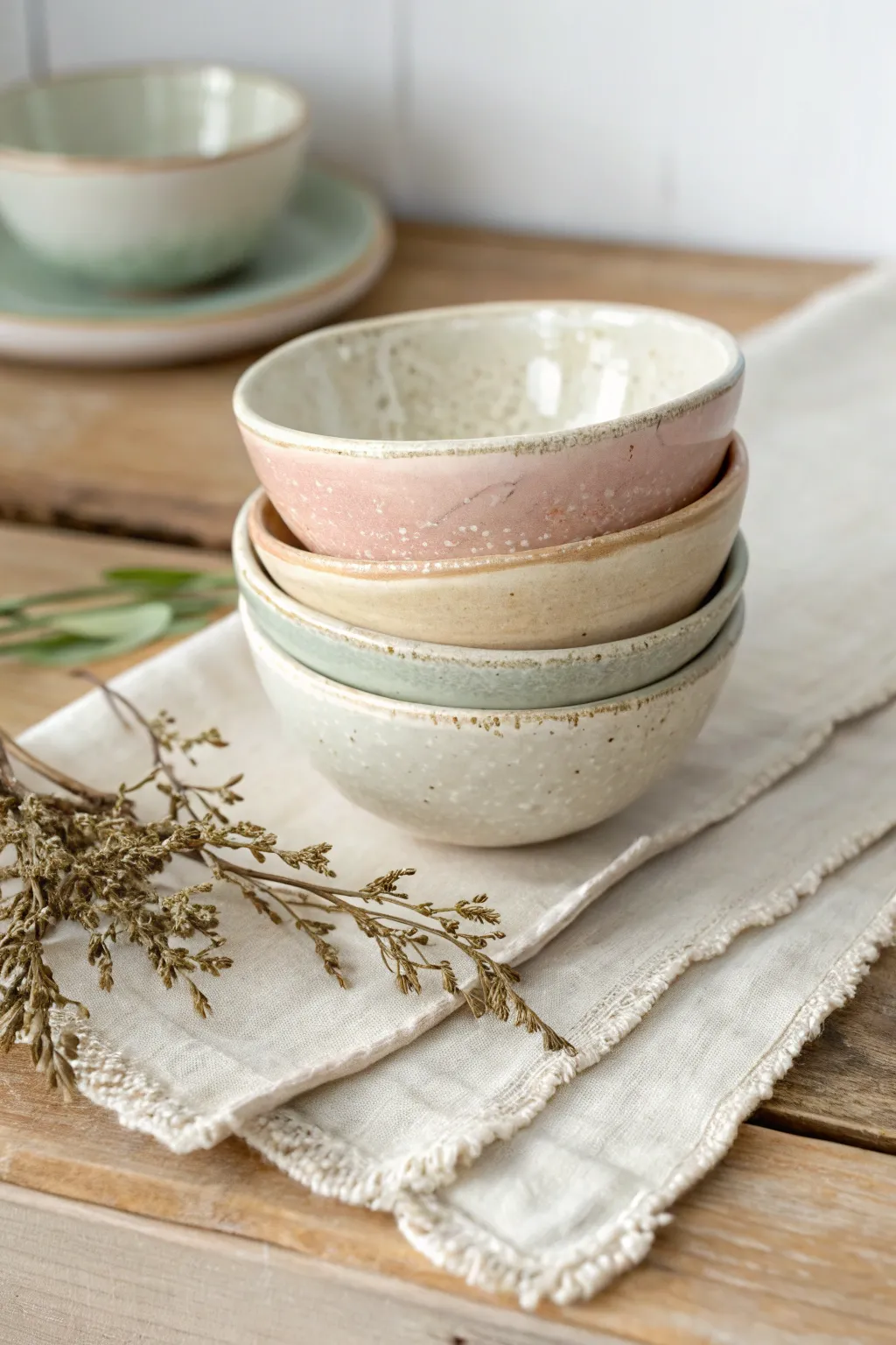 Pinch pot bowls with softly varied rims, stacked in satin glazes for handmade charm.