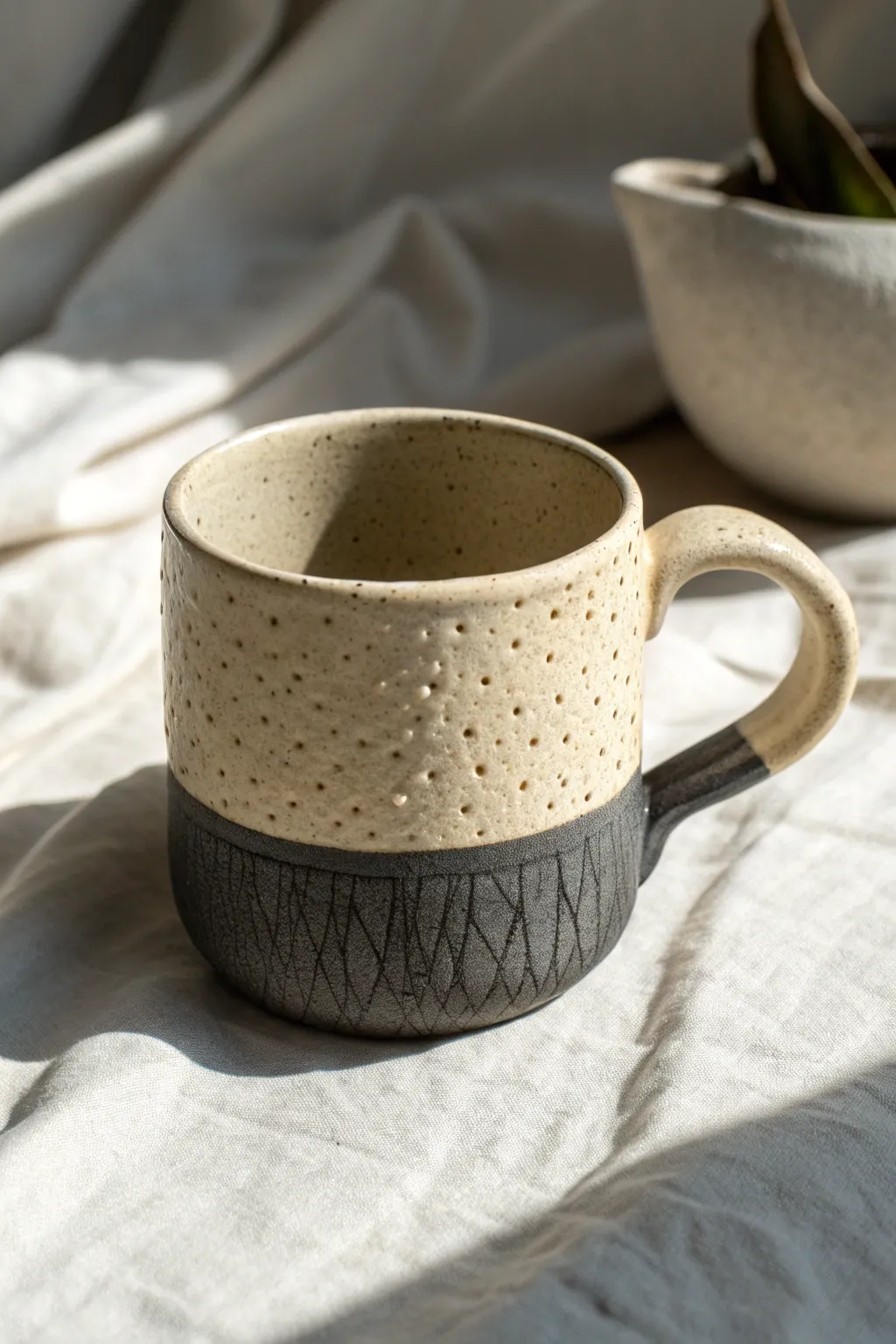 A bold textured pinch mug in calm two-tone glaze, simple, personal, and high school friendly.