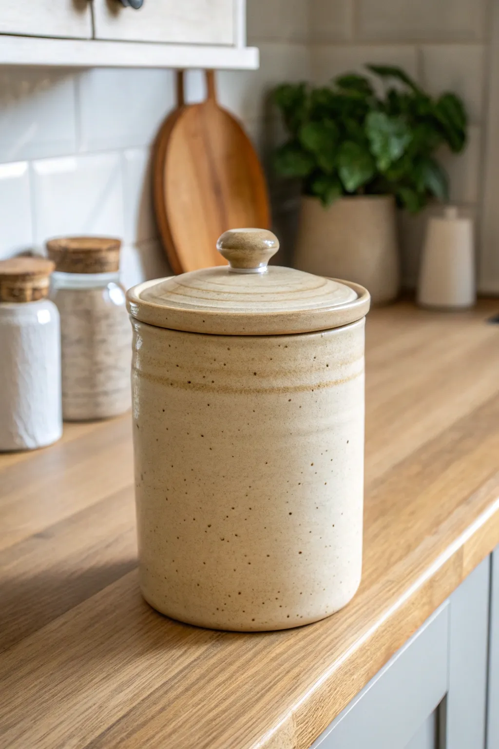 Classic ceramic lidded canister in matte off-white, a timeless minimalist staple for any kitchen.