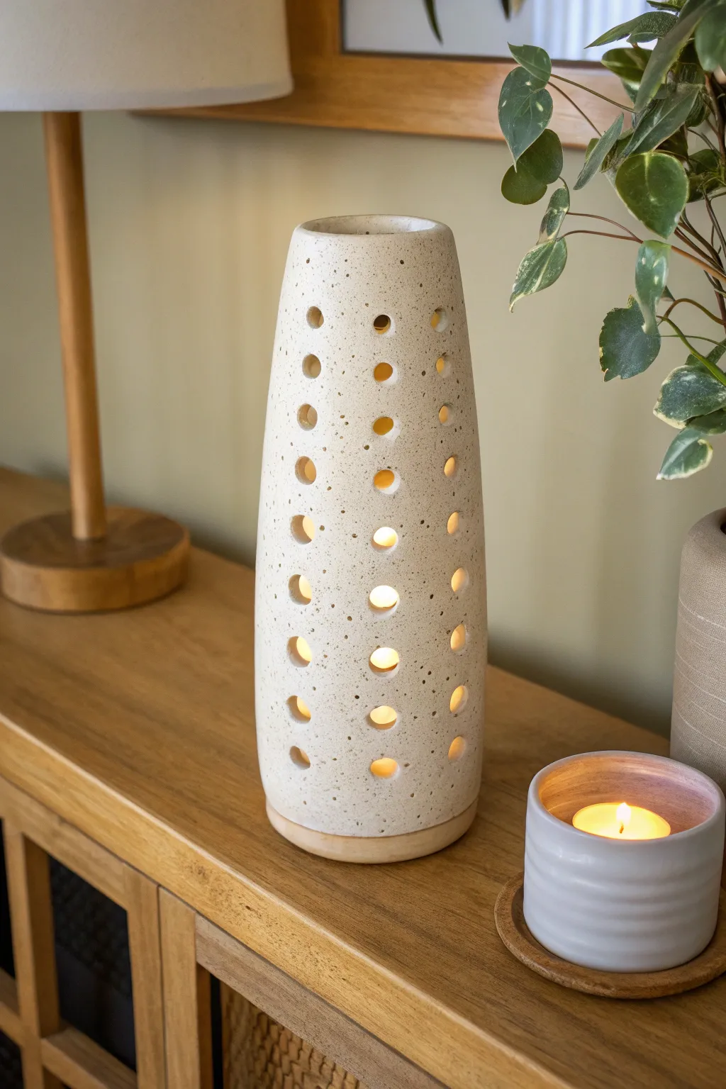 Warm pierced cylinder ceramic lantern casting gentle dots of light for a cozy minimalist nook.
