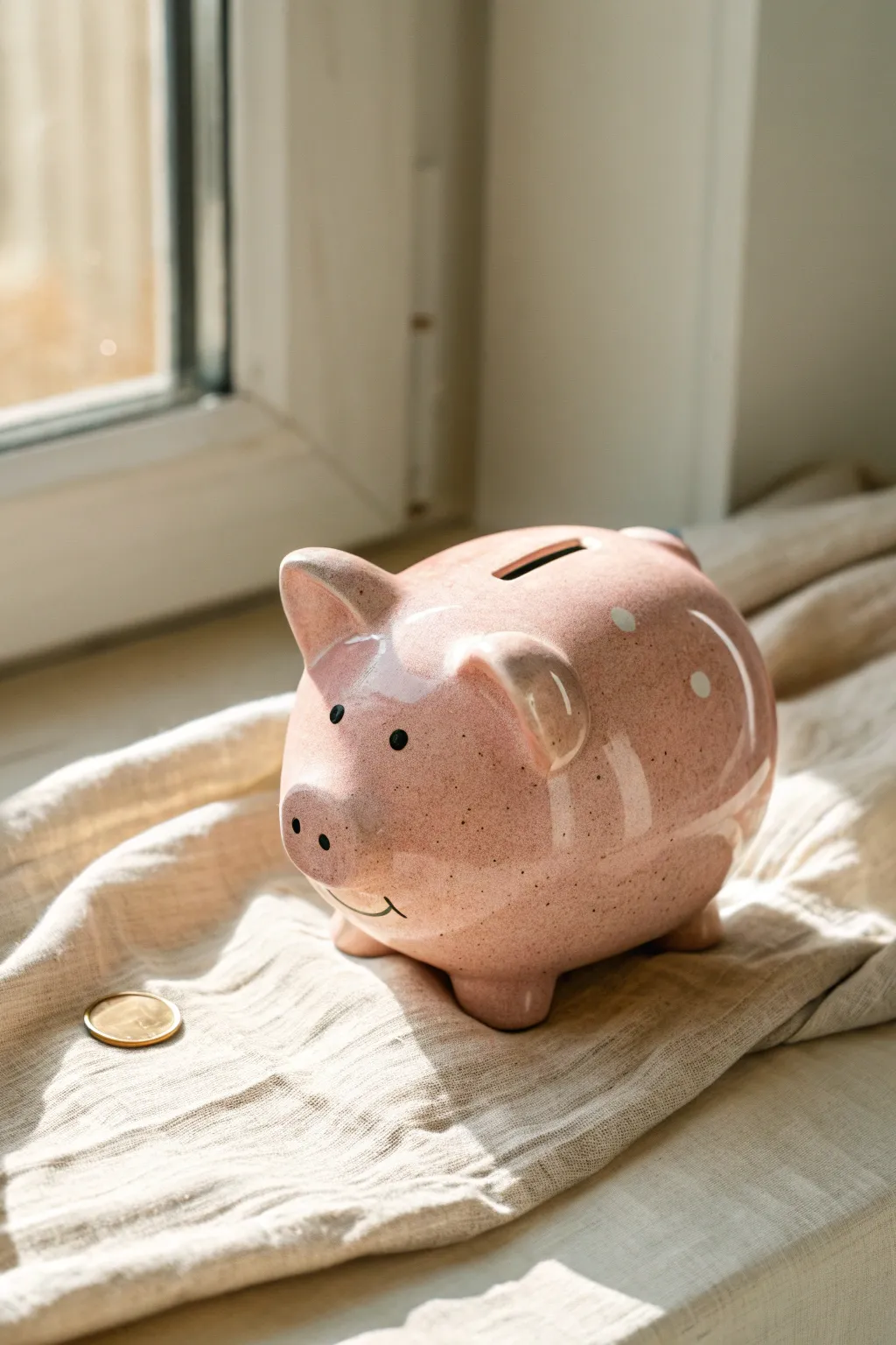 Classic blush glossy ceramic piggy bank in bright natural light, minimalist and handmade