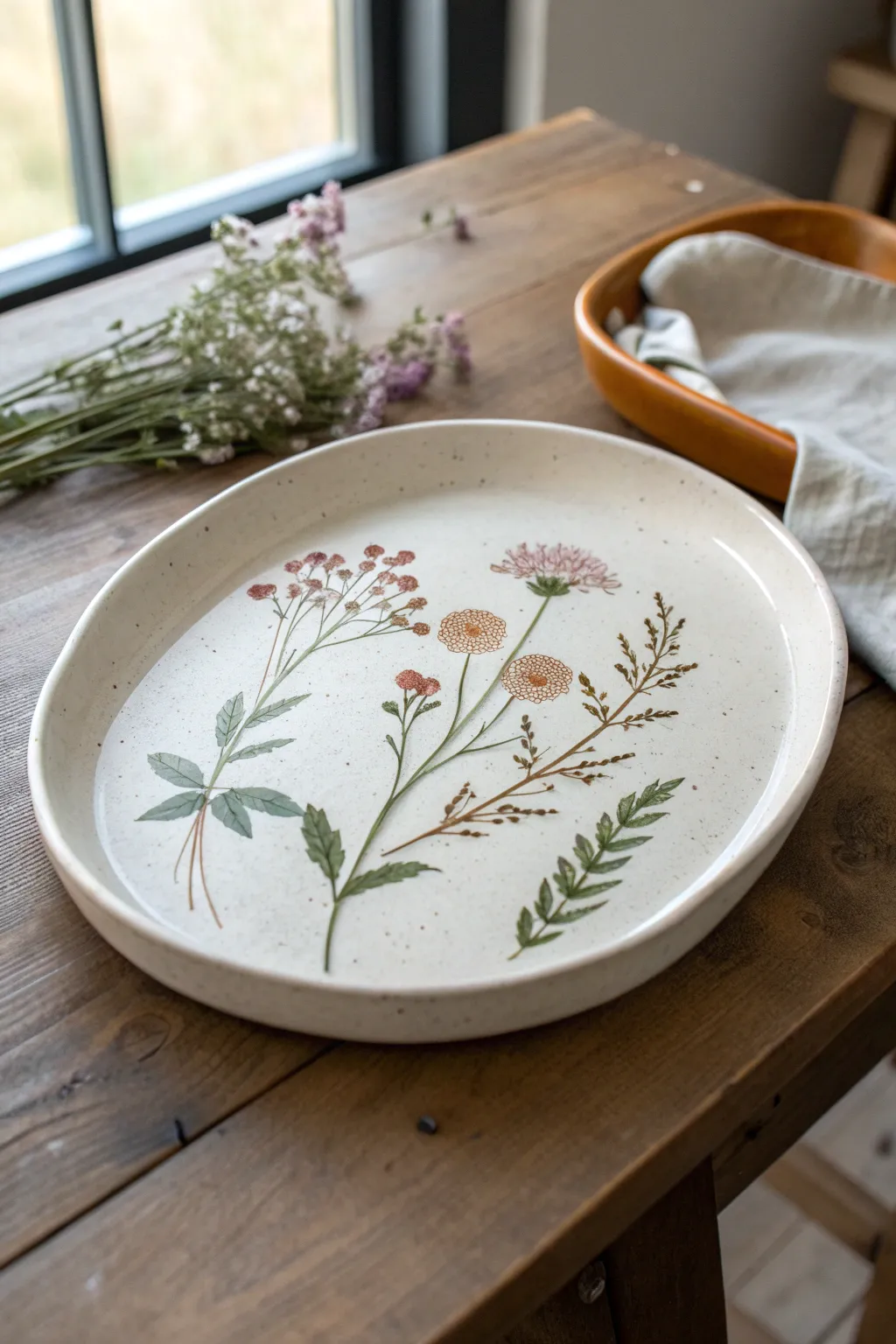 Classic botanical centerpiece: minimalist oval platter with a tiny wildflower cluster and calm white space.