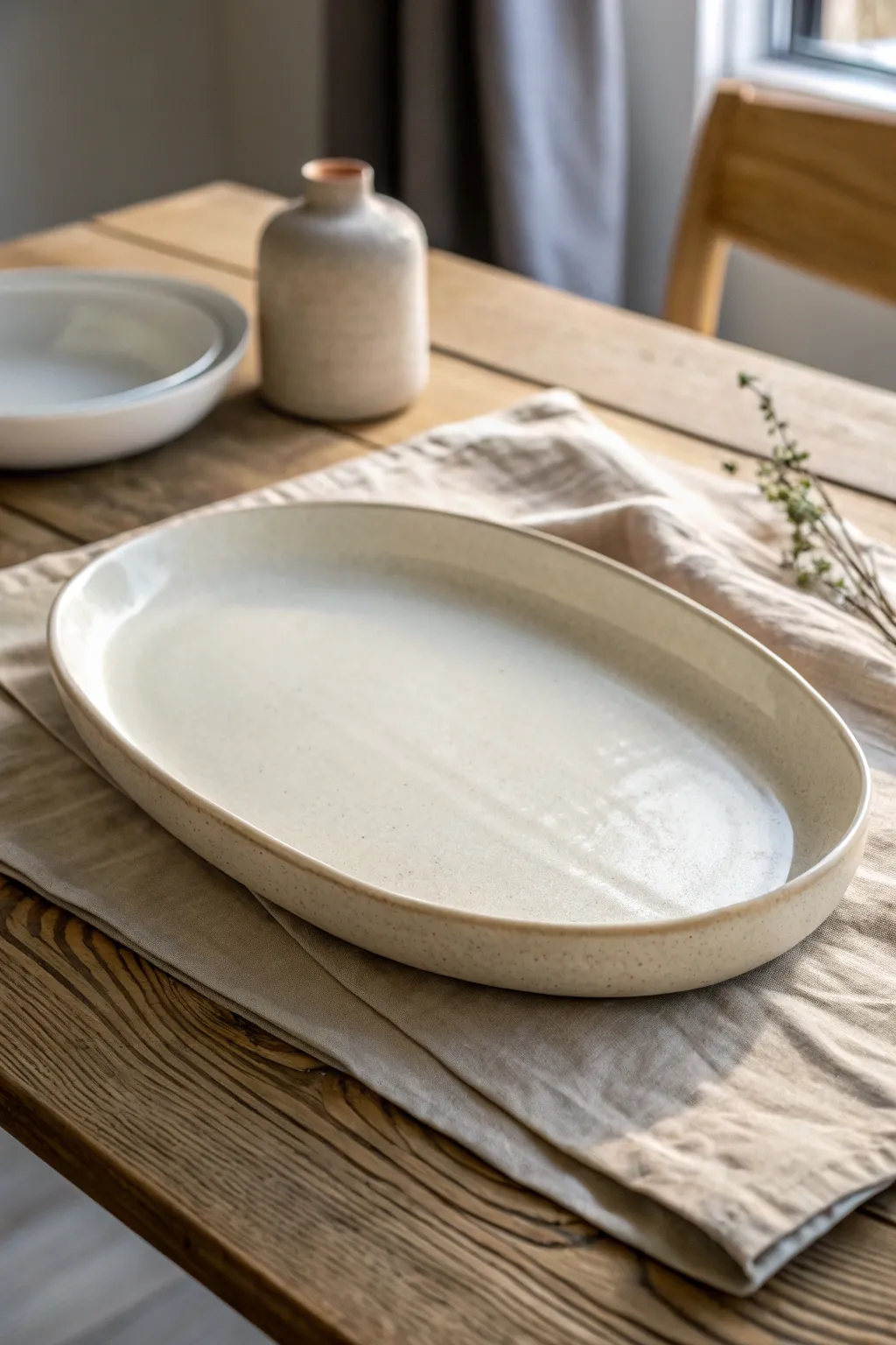 A timeless oval slab platter with a soft satin glaze, perfect for minimalist everyday serving.