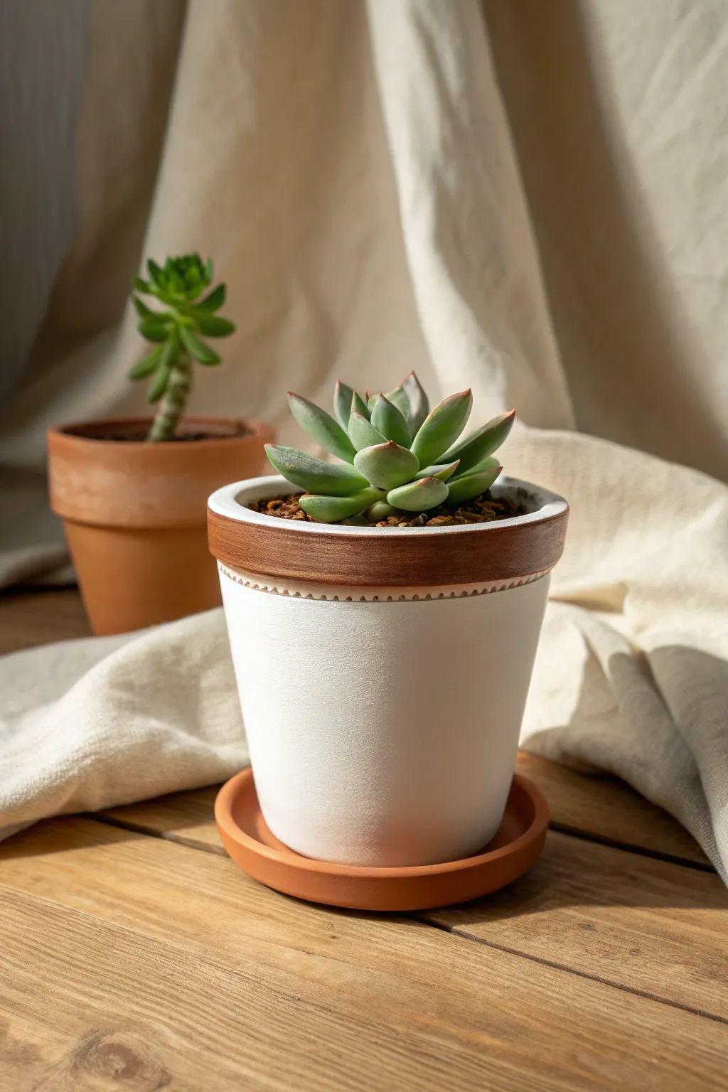 Classic painted terra cotta pot with a clean rim accent, styled simply with a petite succulent